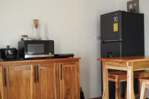 uma cozinha com um micro-ondas e um frigorífico preto em Bungalows Paraíso Celeste em Bijagua
