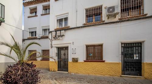 - un bâtiment blanc avec des portes et des fenêtres noires dans l'établissement Trotamundos, apartamento nuevo en el centro, à Cordoue