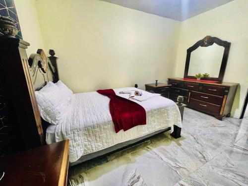 um quarto com uma cama, uma cómoda e um espelho em Neo’s hotel em Santa Cruz de Barahona