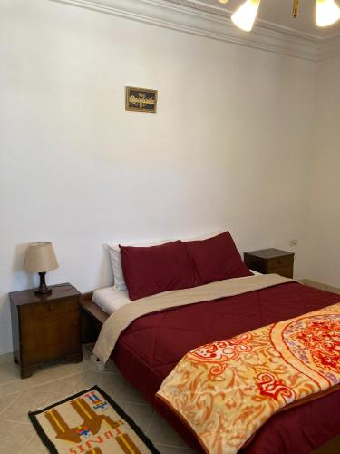 a bedroom with two beds and a table with a lamp at Maison d'hôtes DAR DRISS in Matmata
