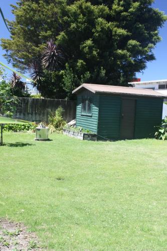 a small green shed in a yard with a tree at Esplanade Townhouse in Gisborne