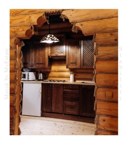 una cocina en una cabaña de madera con fogones en Mayak Chalet Resort Mykulychyn en Mykulychyn