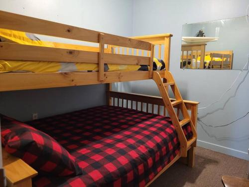 Dormitorio con litera y almohada a cuadros en la cama inferior en Birch Cabin: Lakefront Hideaway Resort - 3 bedroom, en Kawartha Lakes
