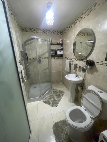 a bathroom with a shower and a toilet and a sink at Jamaican R Home in Kingston
