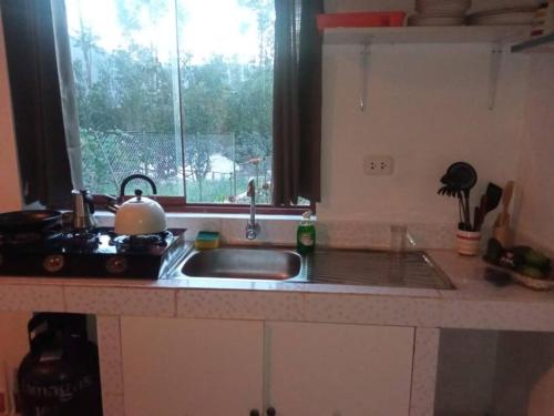eine Küchentheke mit einem Waschbecken und einem Fenster in der Unterkunft Casita Mayuc in Huaran