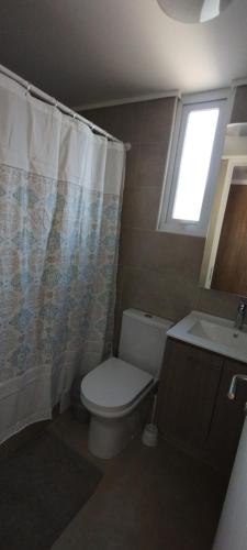 サンティアゴにあるHermoso y cómodo departamentoのバスルーム(トイレ、洗面台付)、窓が備わります。