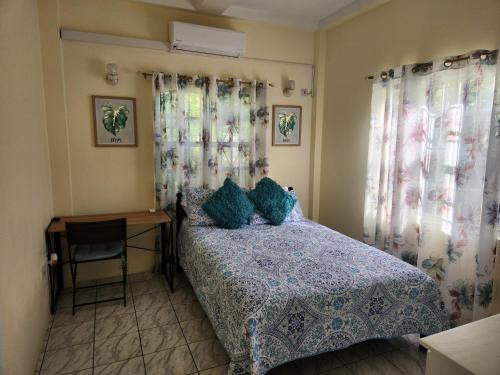 a bedroom with a bed and a desk and curtains at Sun Lover's Apartments in The Lime