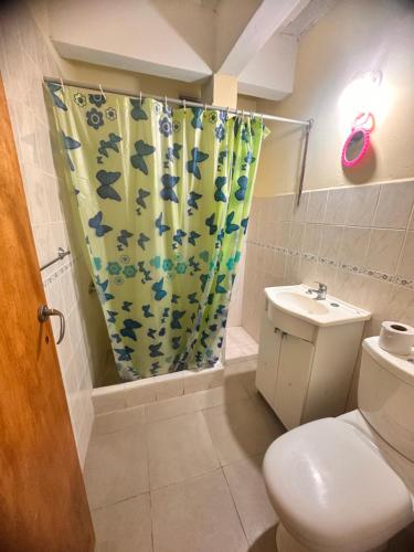 ein Bad mit einem WC und einem Duschvorhang in der Unterkunft Alojamiento Mia in Monte Grande