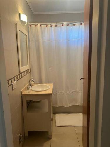 a bathroom with a sink and a shower curtain at Departamento céntrico en Lobos in Lobos