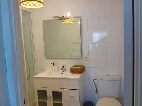 bagno con lavandino, specchio e servizi igienici di Appartement Hendaye, 2 pièces, 4 personnes - FR-1-239-1019 a Hendaye