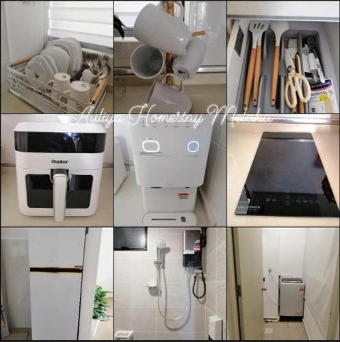 a collage of pictures of different items in a bathroom at Auliya Homestay Melaka Seaview Pantai Puteri in Melaka