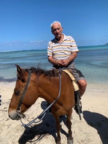 un homme assis sur un cheval sur la plage dans l'établissement VP18, Lifestyle All Inklusive , Villapark, à Gurapito