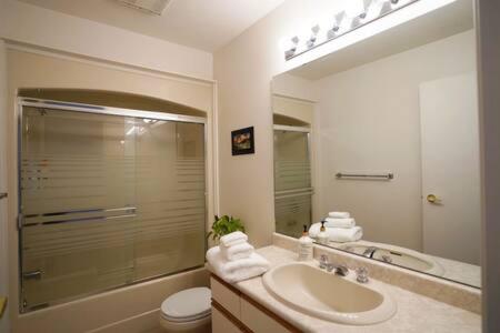 a bathroom with a sink and a toilet and a mirror at SaliHaven: Oceanfront 4Bedrooms 5Beds 3 5Bath in Bedwell Harbour