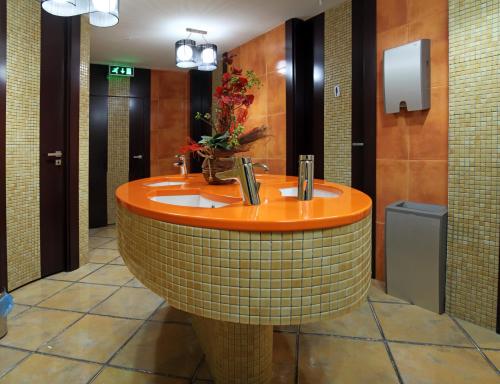 La salle de bains est pourvue d'un lavabo circulaire. dans l'établissement Hotel Koral - Parking, à Saints Constantine et Helena