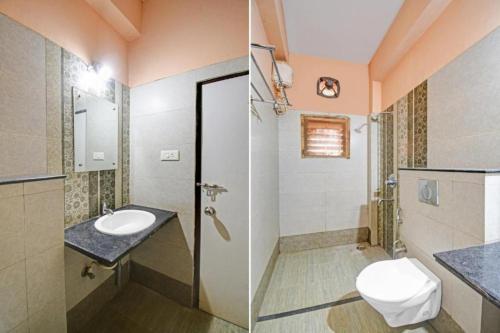 2 fotos de un baño con lavabo y aseo en Goroomgo SR Palace Bhubaneswar, en Bhubaneshwar