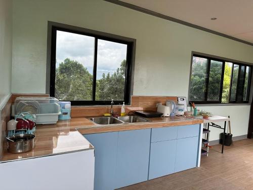 uma cozinha com um lavatório e duas janelas em Althea Apartelle em Moalboal