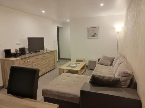 a living room with a couch and a tv at Gîte la p'tite rivière in Saint-Nabord