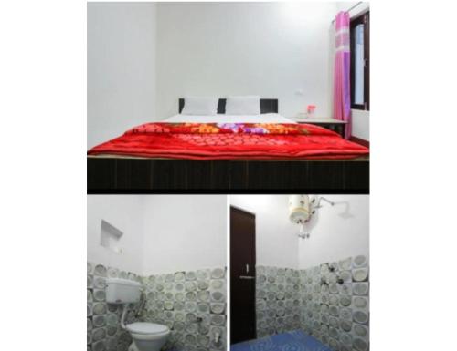 The Devdwar Yoga Resort, Uttarkashi في Uttarkāshi: غرفة نوم بسرير وحمام مع مرحاض