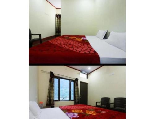The Devdwar Yoga Resort, Uttarkashi في Uttarkāshi: صورتين لغرفة بسرير ونافذة