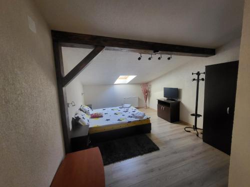 sypialnia z łóżkiem i telewizorem w obiekcie Casa Teodora w mieście Sinaia