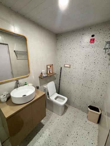 ein Badezimmer mit einem Waschbecken, einem WC und einem Spiegel in der Unterkunft Vihaa - a boutique stay in Velha Goa