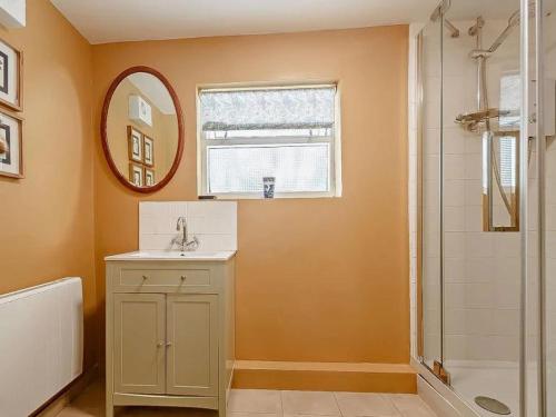 a bathroom with a sink and a mirror and a shower at 1 Penygroes in Penmachno