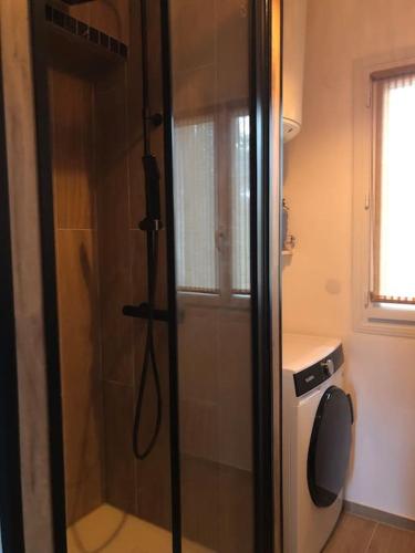 a shower with a glass door in a bathroom at Cocooning little house in Viry-Châtillon