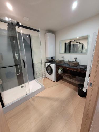 une salle de bain avec douche et machine à laver dans l'établissement Chalet Le Grand Massif, à Les Villards-sur-Thônes