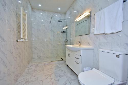e bagno con servizi igienici, lavandino e doccia. di 2 Bedrooms Cozy Apartment In Center Of Yerevan a Yerevan