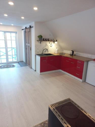 an empty kitchen with red cabinets in a room at Kopli majutus in Salu
