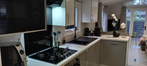a kitchen with a sink and a stove at Blissful in Hoenderloo