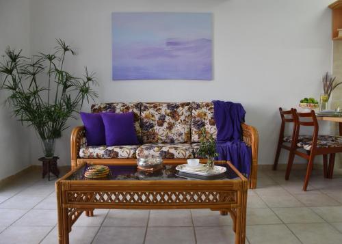 Una sala de estar con un sofá y una mesa de café. en Villa Sunset, en Boghaz