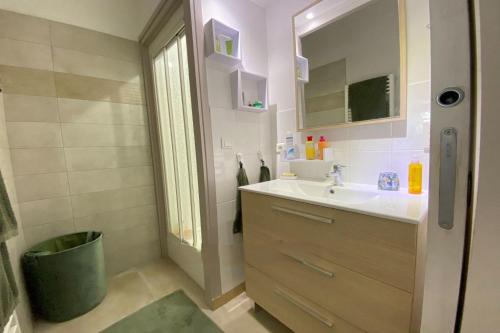 une salle de bain avec un lavabo et une douche dans l'établissement Grand appartement 3 chambres vue mer Pontaillac, à Royan