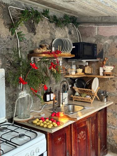 een keuken met een wastafel en een fornuis top oven bij Buna Guest House in Gjoemri