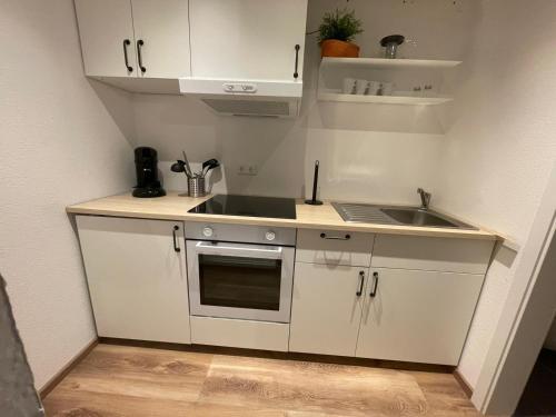 een kleine keuken met witte kasten en een wastafel bij Haus Ribeiro in Schluchsee