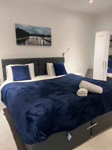 a bedroom with a large blue comforter on a bed at Maplewood properties - One bedroom luxurious apartment - Elm in St. Albans