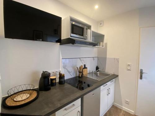 une cuisine avec un évier et un micro-ondes dans l'établissement Le Pti'toulousain 9 - Studio Centre, à Toulouse