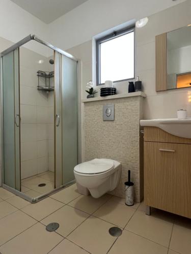 uma casa de banho com um chuveiro, um WC e um lavatório. em דירת גן מדרך עוז Garden Apartment em Midrakh ‘Oz