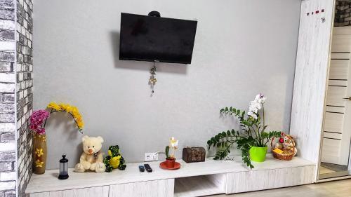 een plank met speelgoed en een tv aan de muur bij Миниотель в Харькове, ЮЖД in Charkov