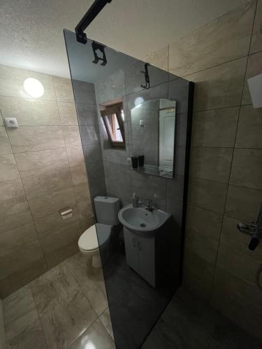 a bathroom with a sink and a toilet and a mirror at Apartmani Mladenovac in Mladenovac