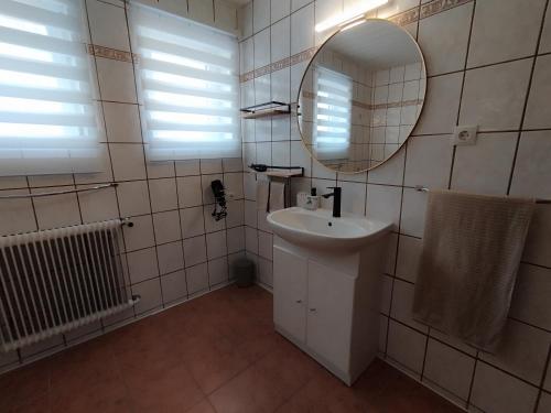 a bathroom with a sink and a mirror at Carina's Apartment in Obsteig