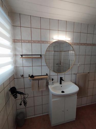 a bathroom with a sink and a mirror at Carina's Apartment in Obsteig