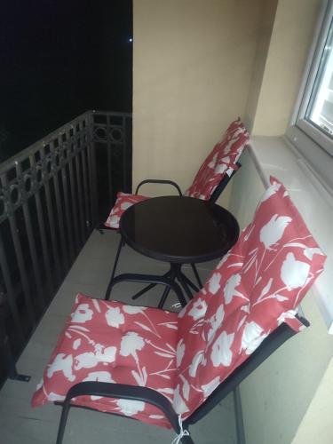 a chair and a table on a balcony at Apartman Nina in Ostrovo