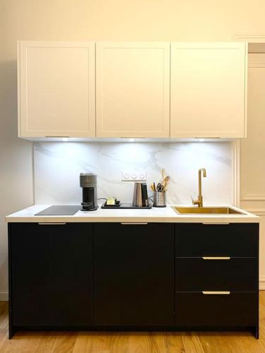 une cuisine avec un évier et un plan de travail dans l'établissement Studio Chic Montmartre Opéra, à Paris