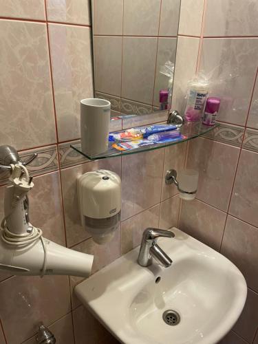 y baño con lavabo y espejo. en Hotel Jerevan en Druskininkai