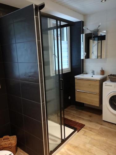 une salle de bain avec douche et machine à laver dans l'établissement les Seilles de Clovis, à Entremont-le-Vieux