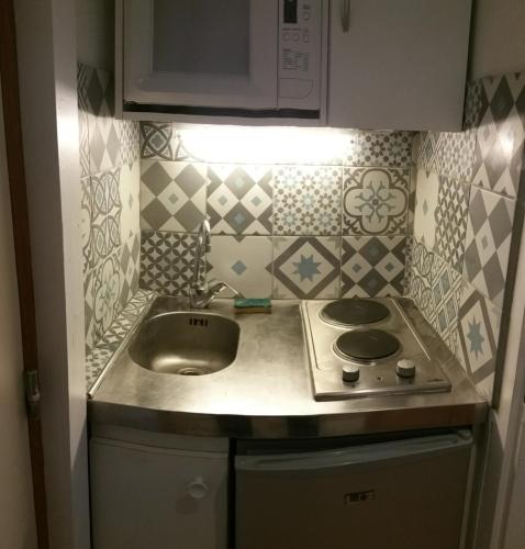 une petite cuisine avec un évier et une cuisinière dans l'établissement Alpine Stay - Studio Entier Résidence Standing vue parc au calme - Parking Gratuit - Wifi - Tram à proximité, à Grenoble