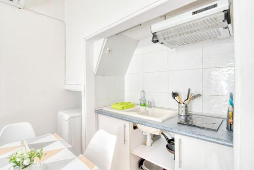 una pequeña cocina con fregadero y encimera en T2 ds Villa-Terrasse-Clim-pkg-MEET- Zénith-Odyssud en Toulouse