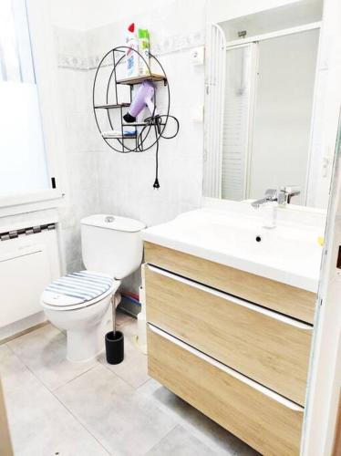 une salle de bain blanche avec des toilettes et un lavabo dans l'établissement T2 ds Villa-Terrasse-Clim-pkg-MEET- Zénith-Odyssud, à Toulouse