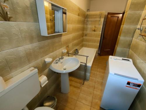 a bathroom with a sink and a toilet and a mirror at Appartamento da Davide in Pieve Di Ledro